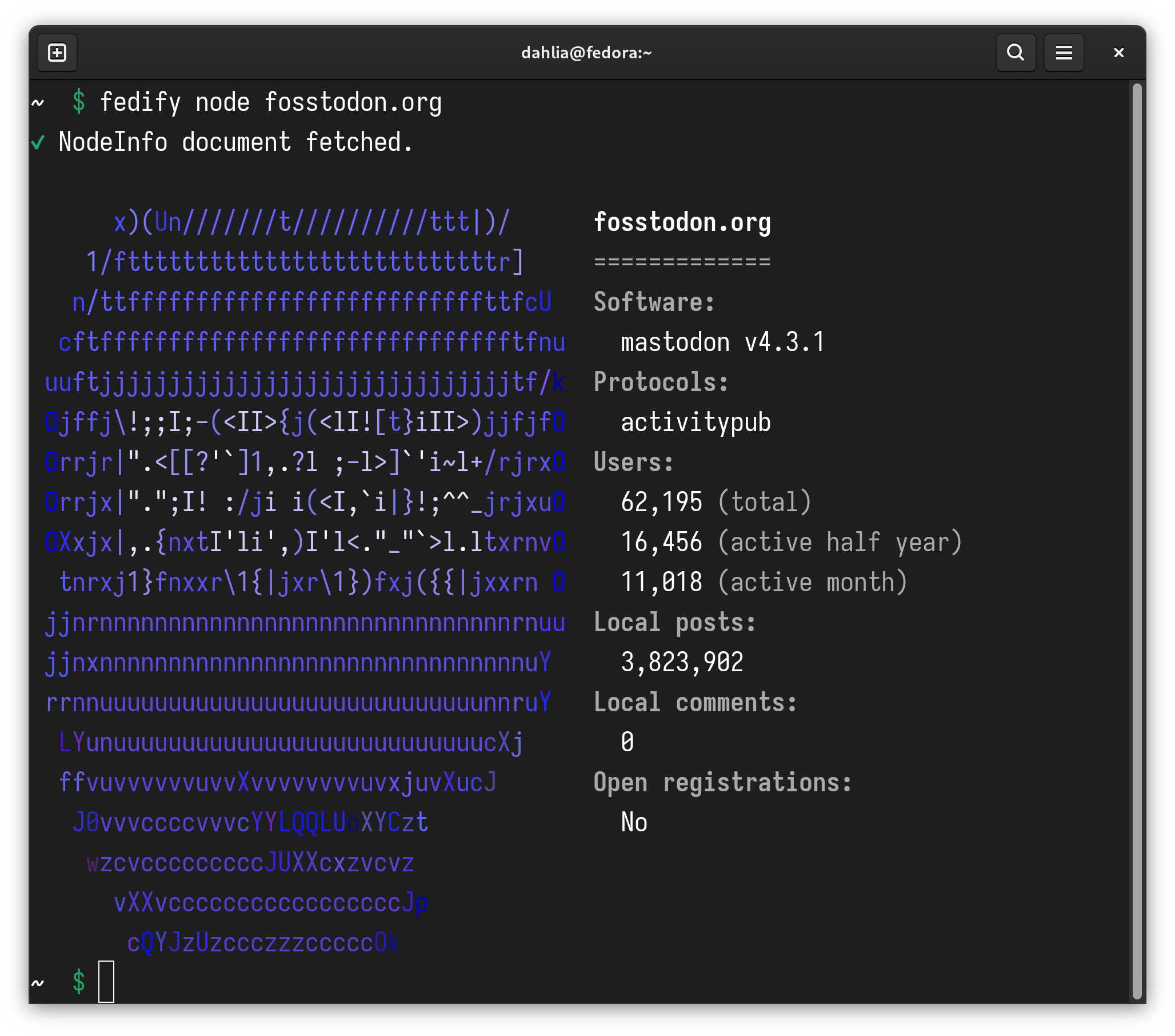 The result of fedify lookup fosstodon.org. The NodeInfo document is
visualized along with the favicon.