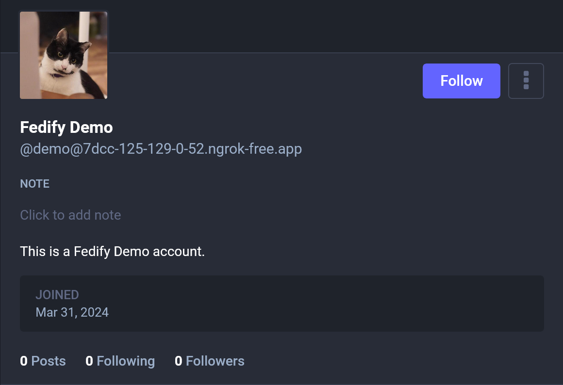Screenshot: An actor profile with a cat avatar image in
Mastodon