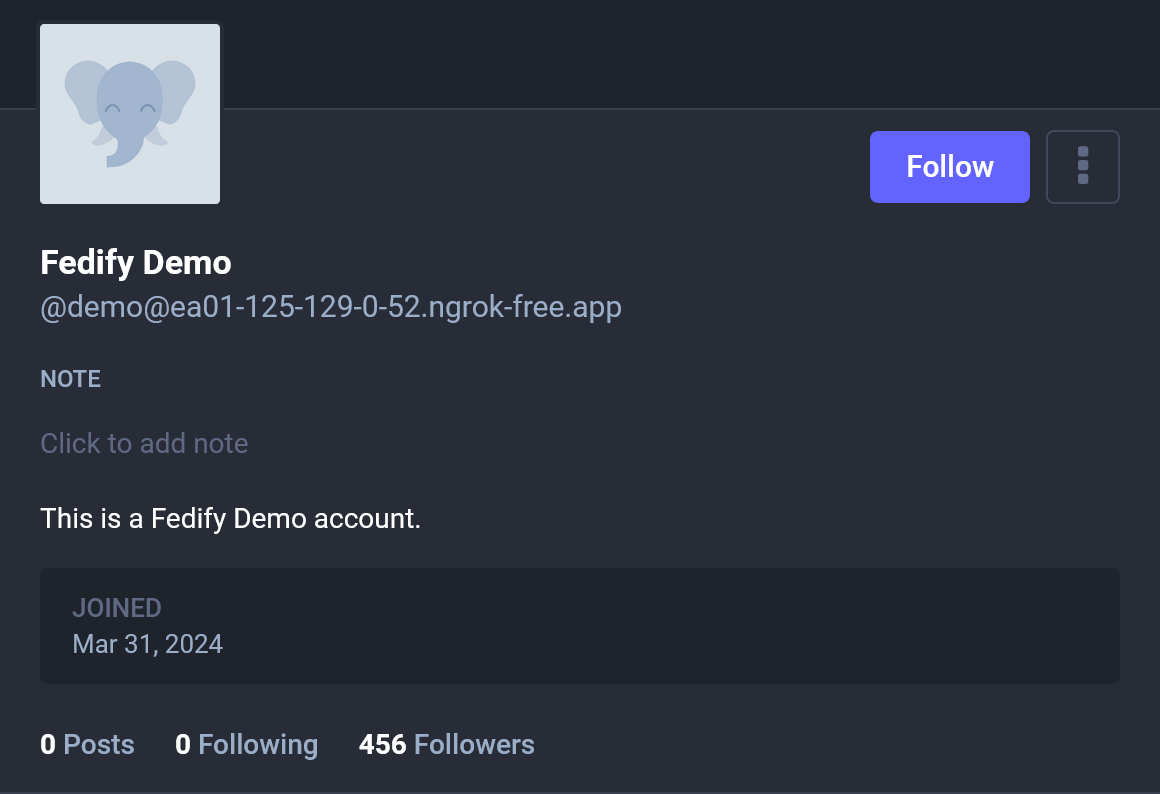Screenshot: An actor profile with 456 followers in
Mastodon