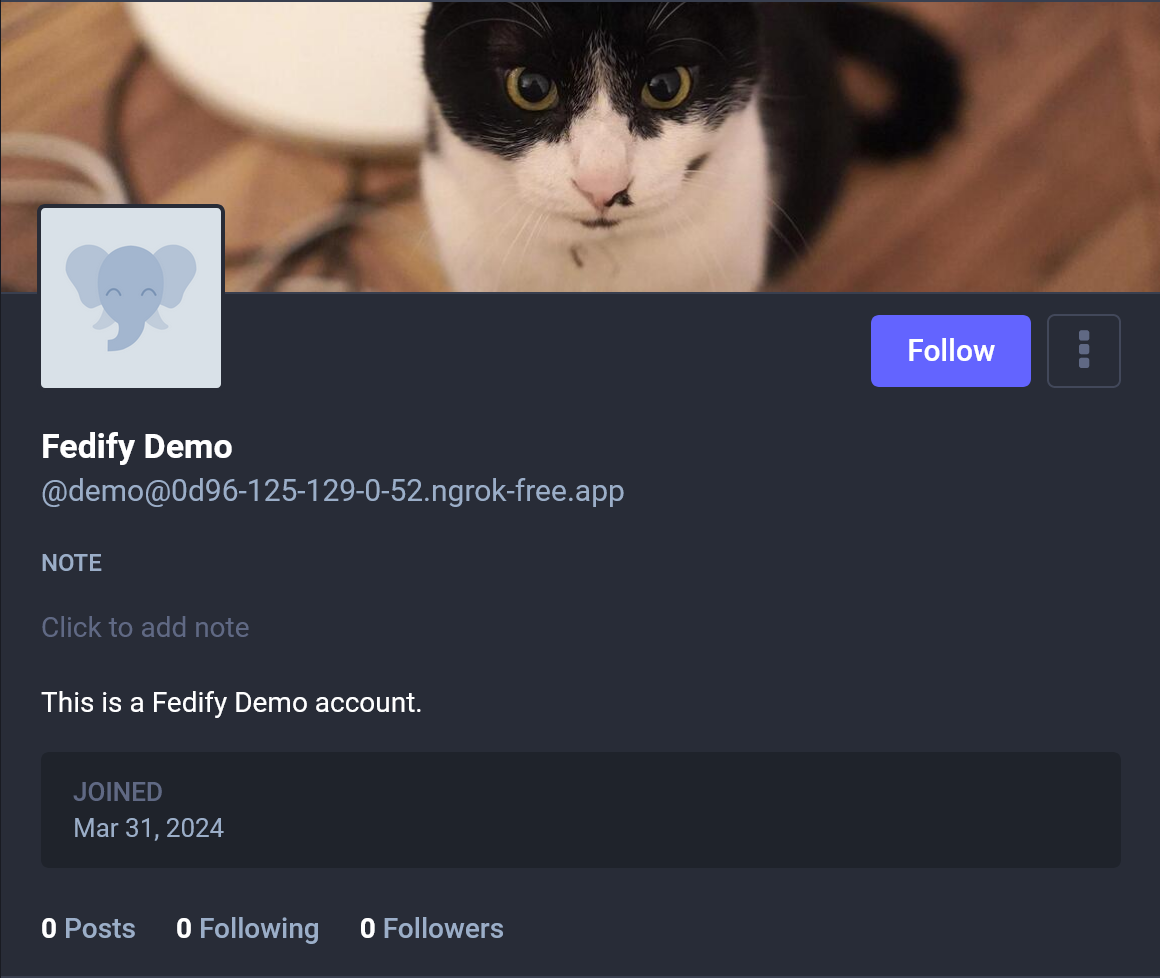 Screenshot: An actor profile with a cat header image in
Mastodon