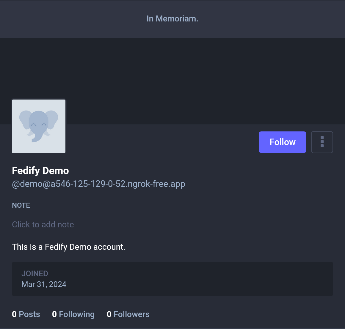 Screenshot: An actor profile with a memorialized status in
Mastodon