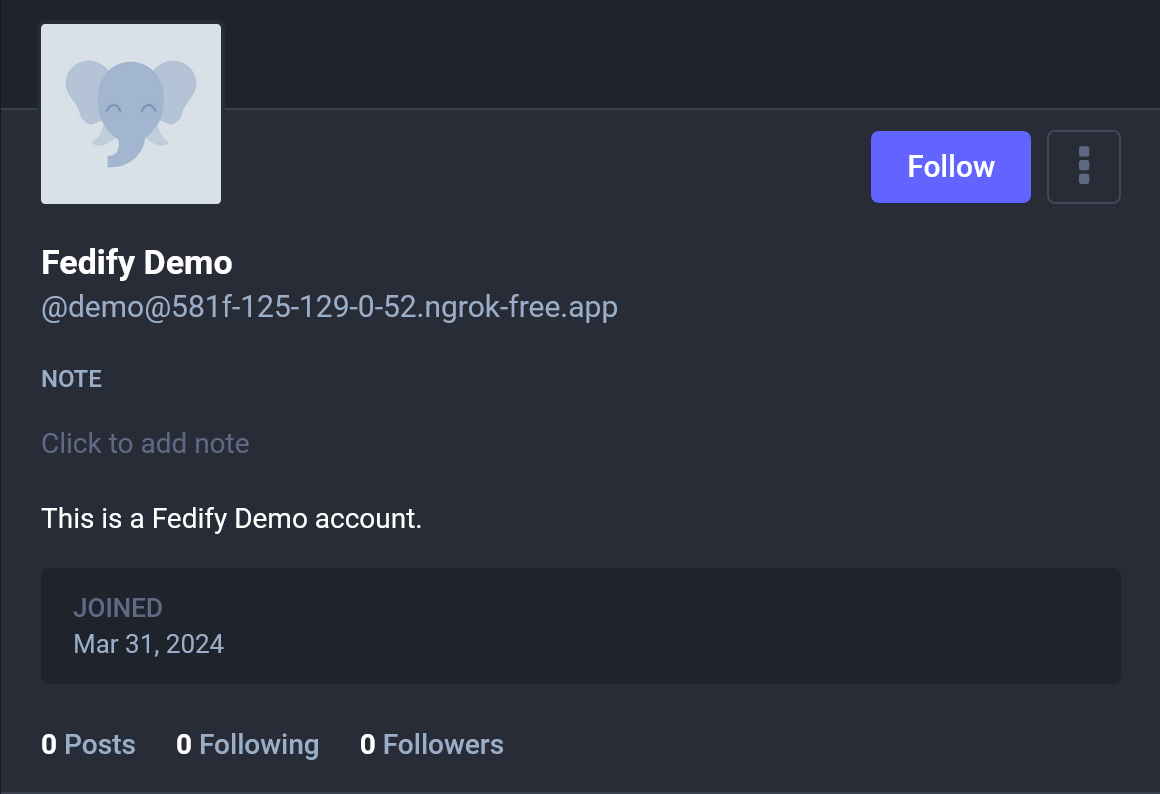 Screenshot: An actor profile with display name Fedify Demo in
Mastodon