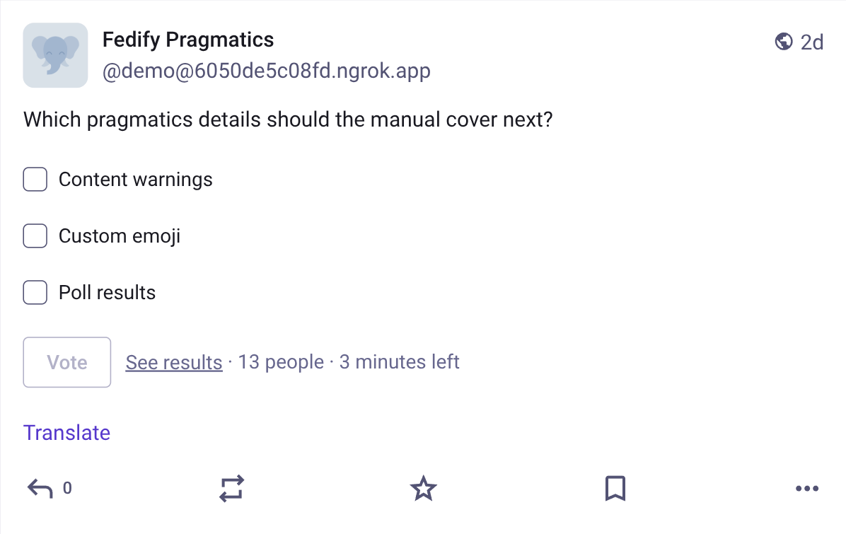 Screenshot: A multiple-choice question object before opening poll results in
Mastodon