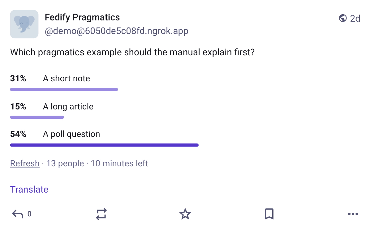 Screenshot: A single-choice question object rendered as poll results in
Mastodon