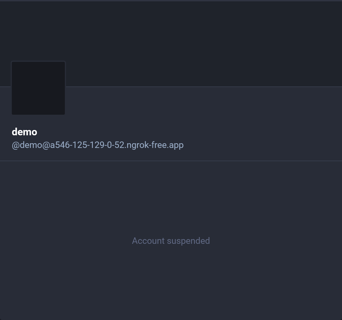 Screenshot: An actor profile with a suspended status in
Mastodon