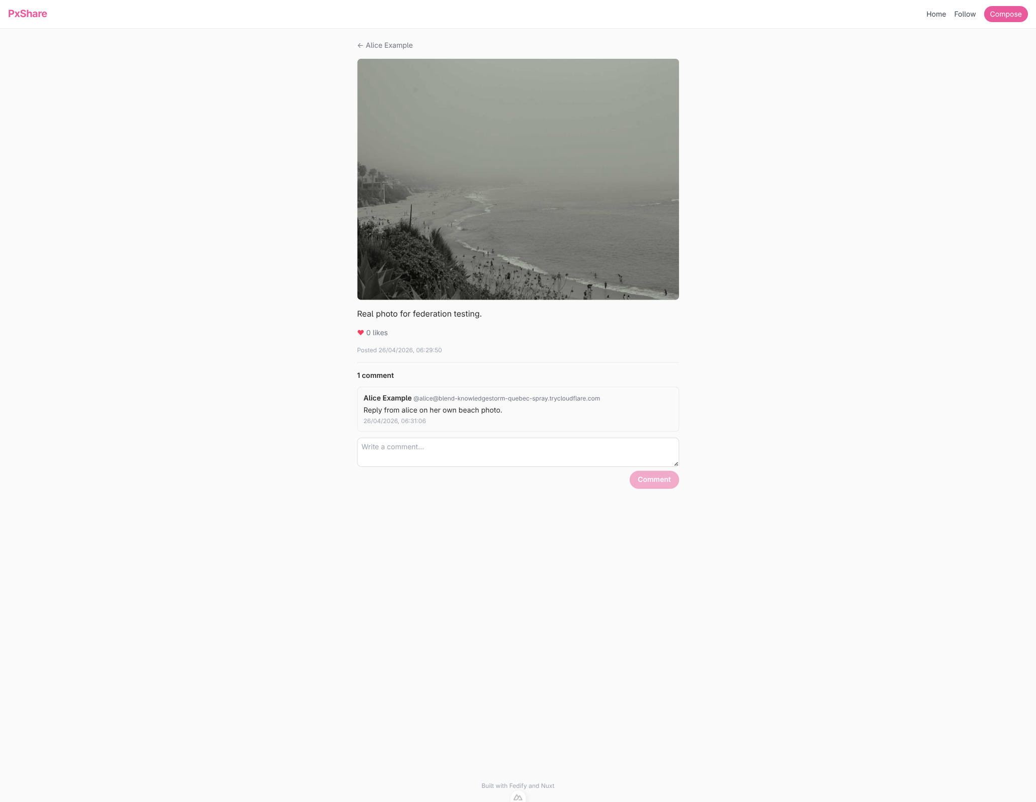 alice's post detail page with a “1 comment” header and a
single-comment card showing alice's own reply, “Reply from alice
on her own beach photo.”, followed by an empty
textarea.